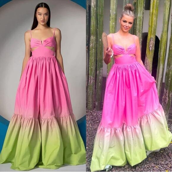 SAU LEE Nova Cutout Pink Chartreuse Green Ombre Maxi Gown Size 2 - Picture 2 of 12